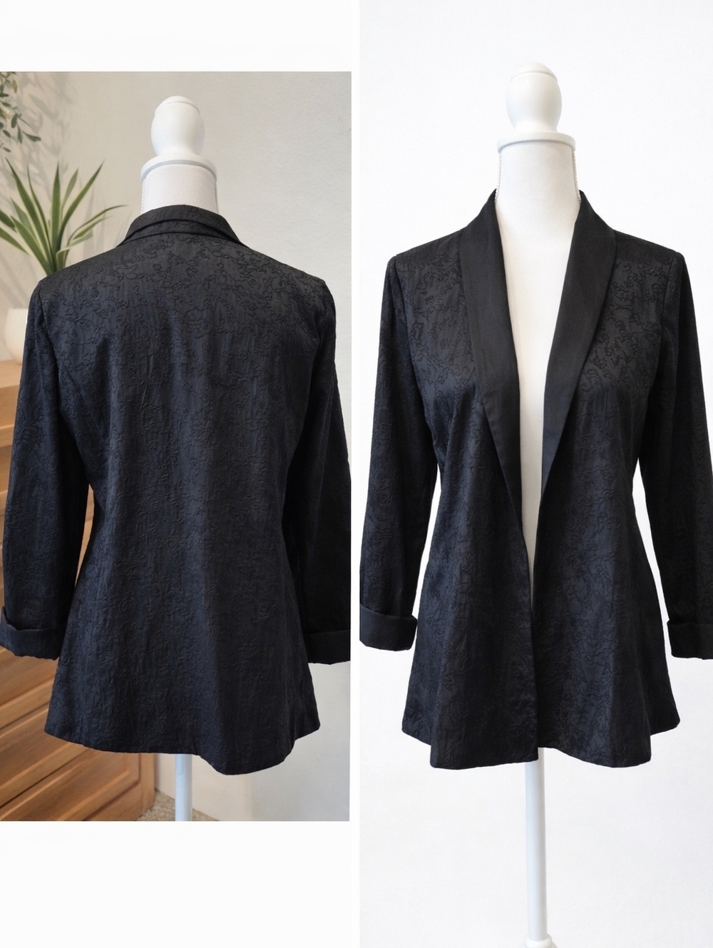 Eileen Fisher Womens Black 100% Silk Floral Pattern Open Front Blazer Jacket Med